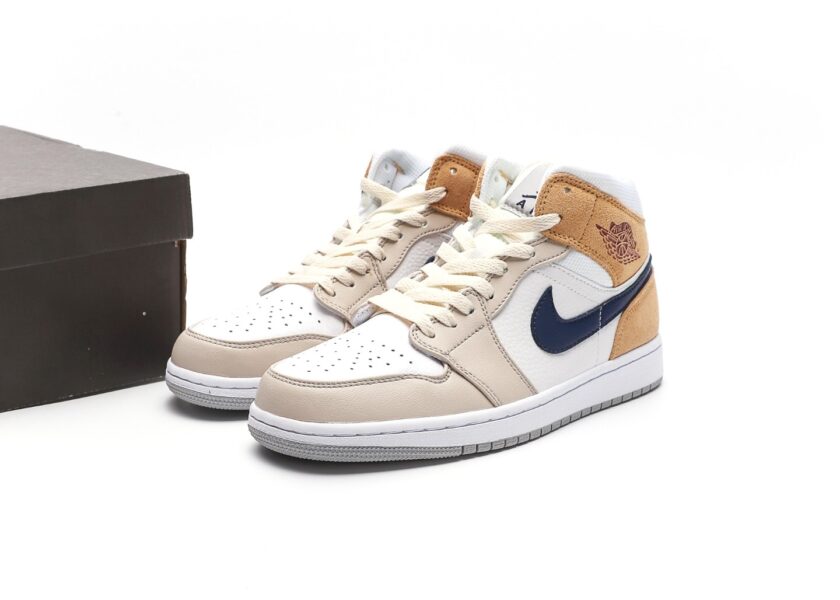 Air Jordan 1 Mid White Tan Navy - Image 9