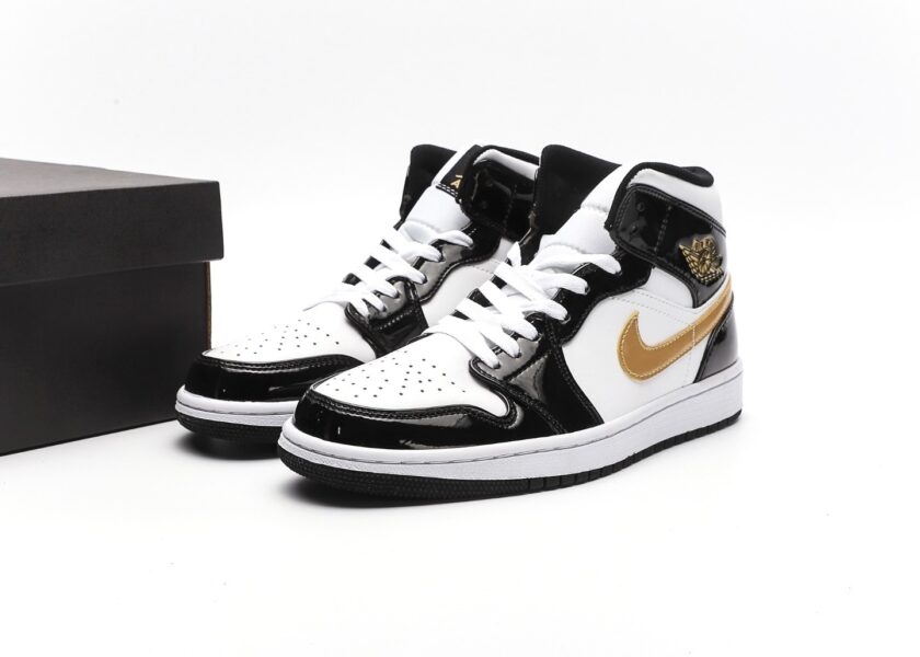 Air Jordan 1 Mid Black Gold Patent Leather - Image 8